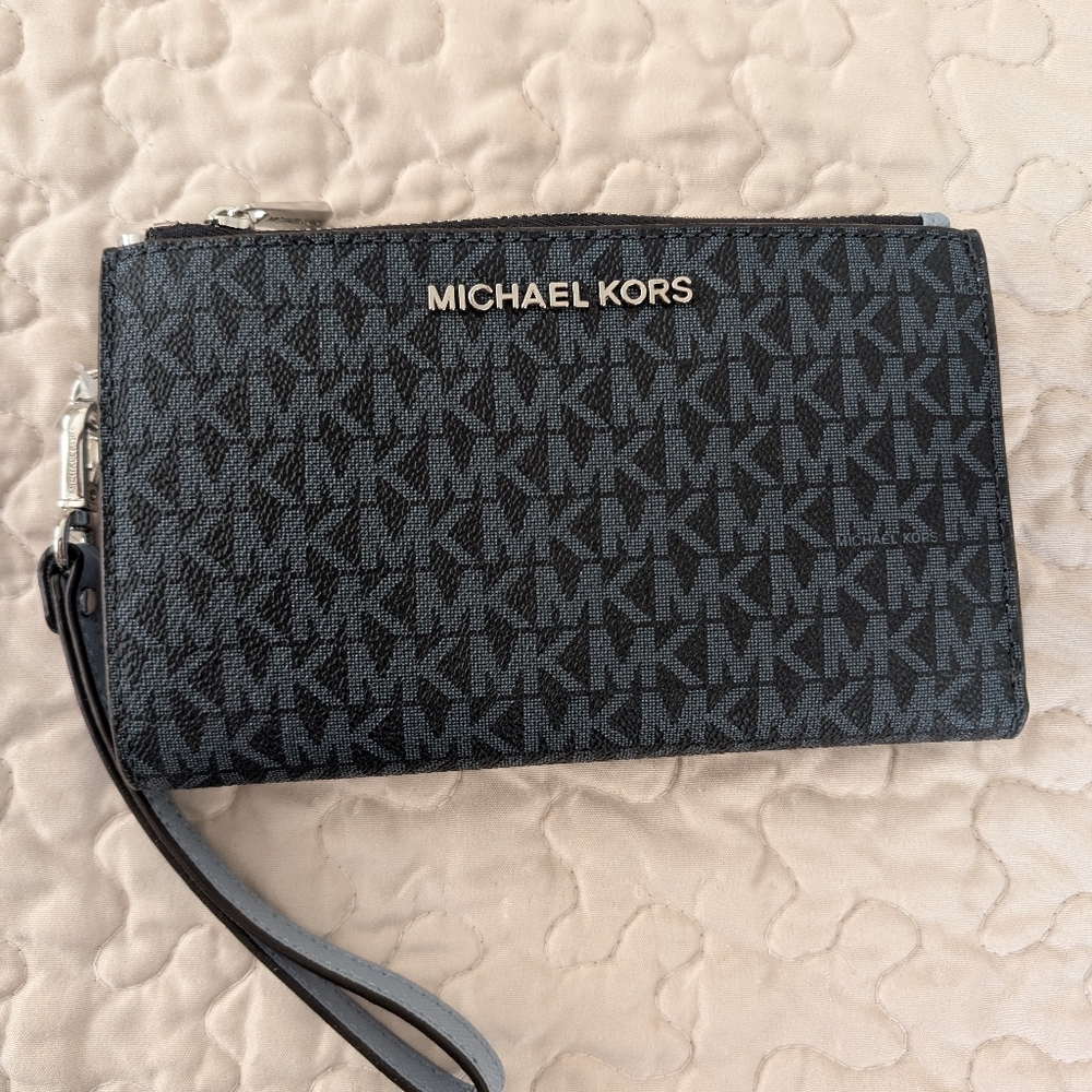 Michael Kors Monogram Black and Baby Blue Wristlet